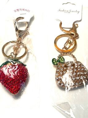 Rhinestone Strawberry & Purse Keychain Duo - Red, Green, Gold